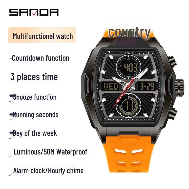 Sanda Dual-Movement Barrel Watch: Luminous Alarm, Large Dial, Multifunctional Student Watch.