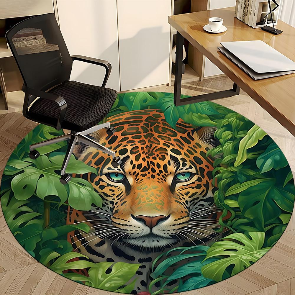 1pc Jungle Leopard Print Chair Carpet for Office, Round Polyester Mat, Indoor Decor for Office, Easycare Fabric, Washable Non-slip Area Carpet