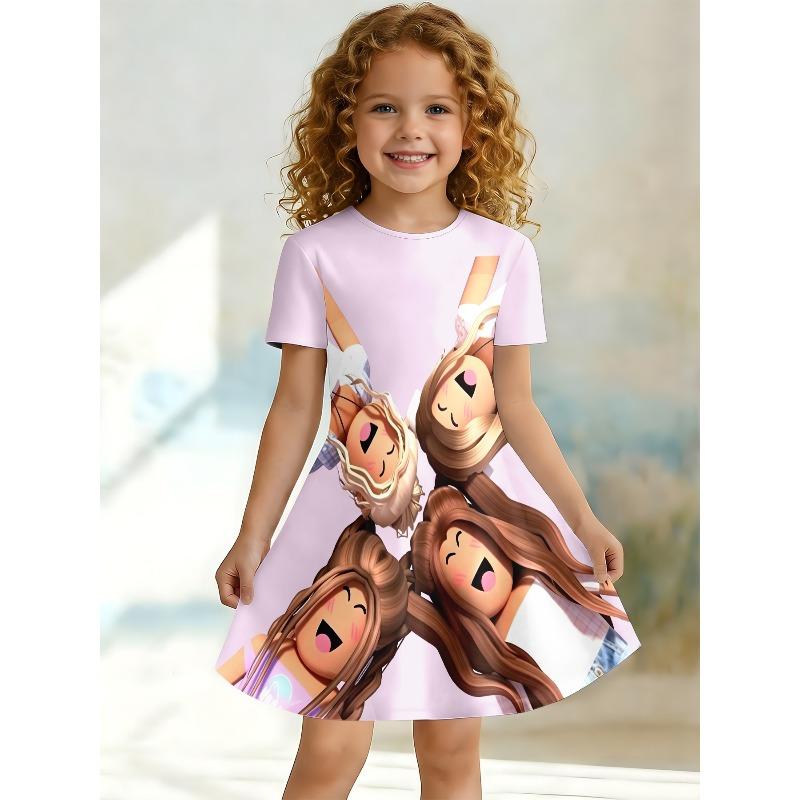 Little Girls 3 Styles Cute Anime Game Capybara Cartoon Print Round Neck Short Sleeve A-Line Kids Summer Flared Swing Dress