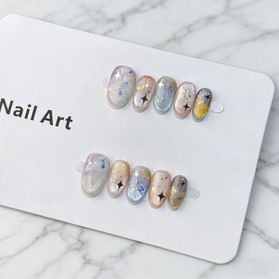 10Pcs Handmade Blue Foil Gradient Cat Eye Press On Nails Short Oval With Glitter Stars Kawaii False Nails For Women