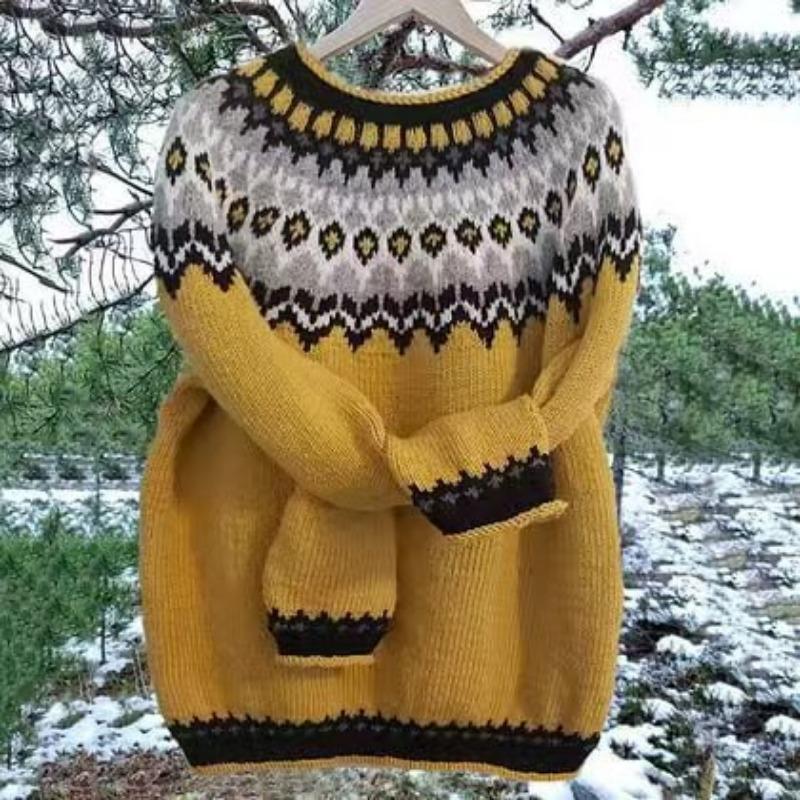 Women's Round Neck Colour Blocked Loose Fit Fashion Pullover Knitwear Luxurious Relaxed-fit Slimming and Versatile Top