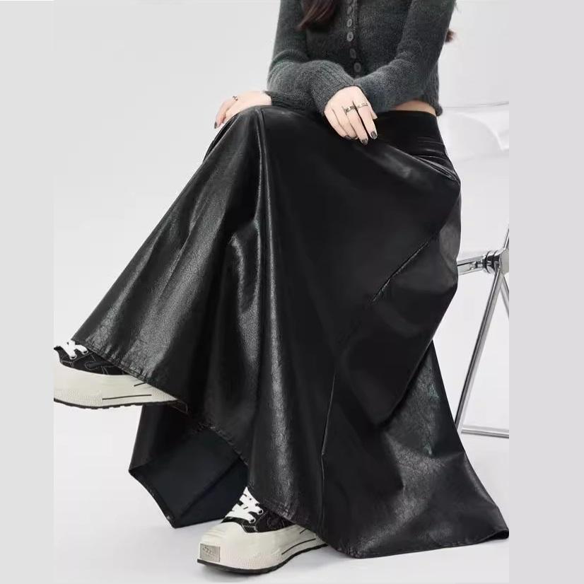 Women's PU Leather Skirt Autumn Winter Collection Pleated Mid-Length Umbrella Skirt High-Waisted A-Line Maxi Skirt