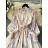Classy Exquisite Dress Women's Ladies Fashion Elegant Retro Lantern Long Sleeve Waist Trimming Printing French Suit Long Dress