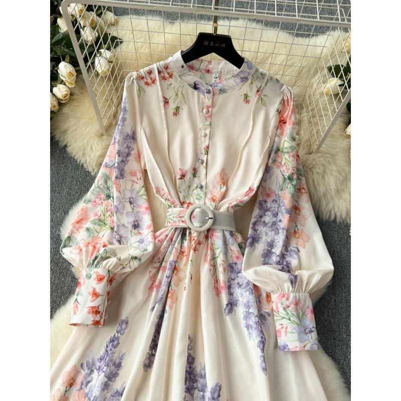 Classy Exquisite Dress Women's Ladies Fashion Elegant Retro Lantern Long Sleeve Waist Trimming Printing French Suit Long Dress