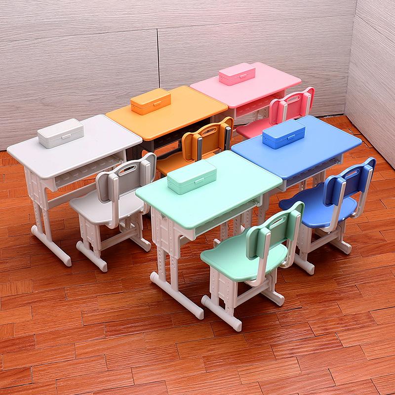 Dollhouse Mini Classroom Desk Chair Simulated Stationery Pencil Case Set Model For Doll House Furniture Decoration Accessories
