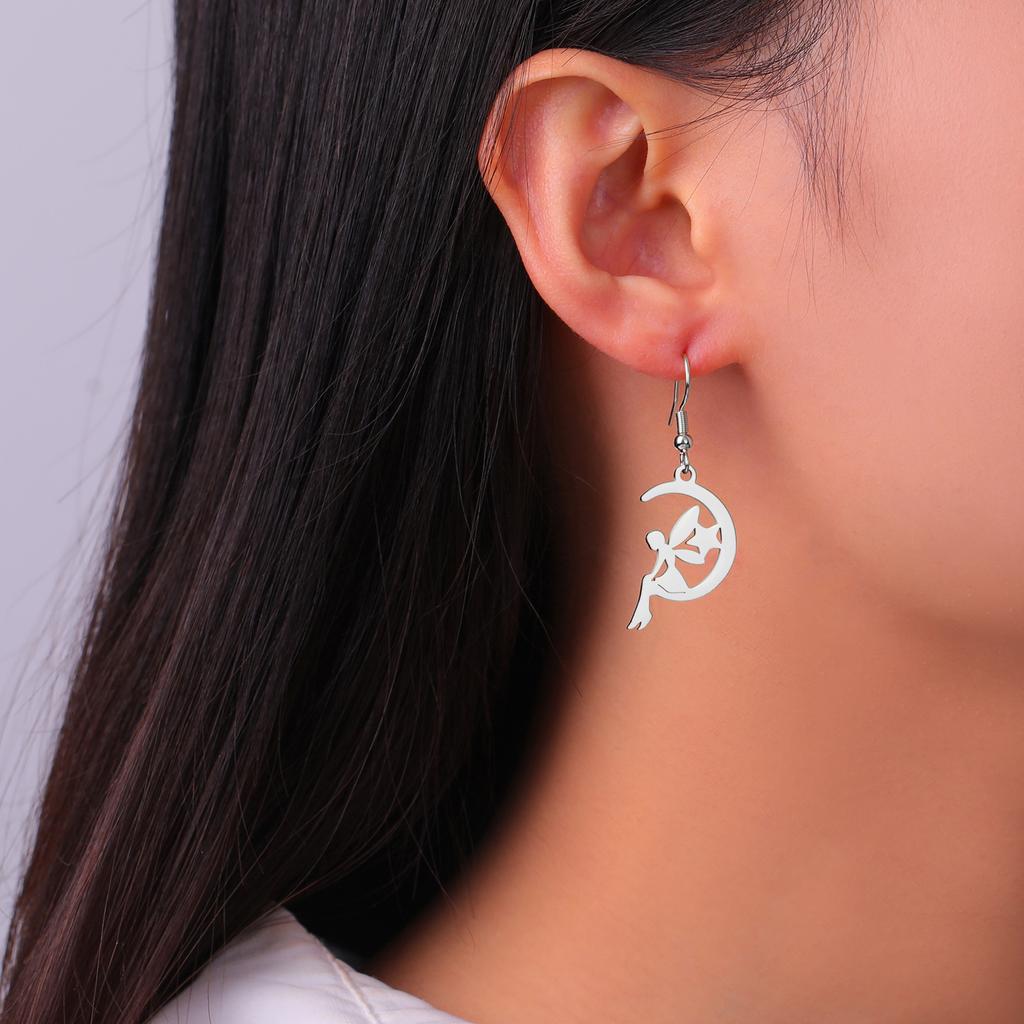 Teamer Hollow Moon Star Drop Earrings Stainless Steel Flower Elf Pendant Dangle Earrings for Women Wedding Party Jewelry Gifts