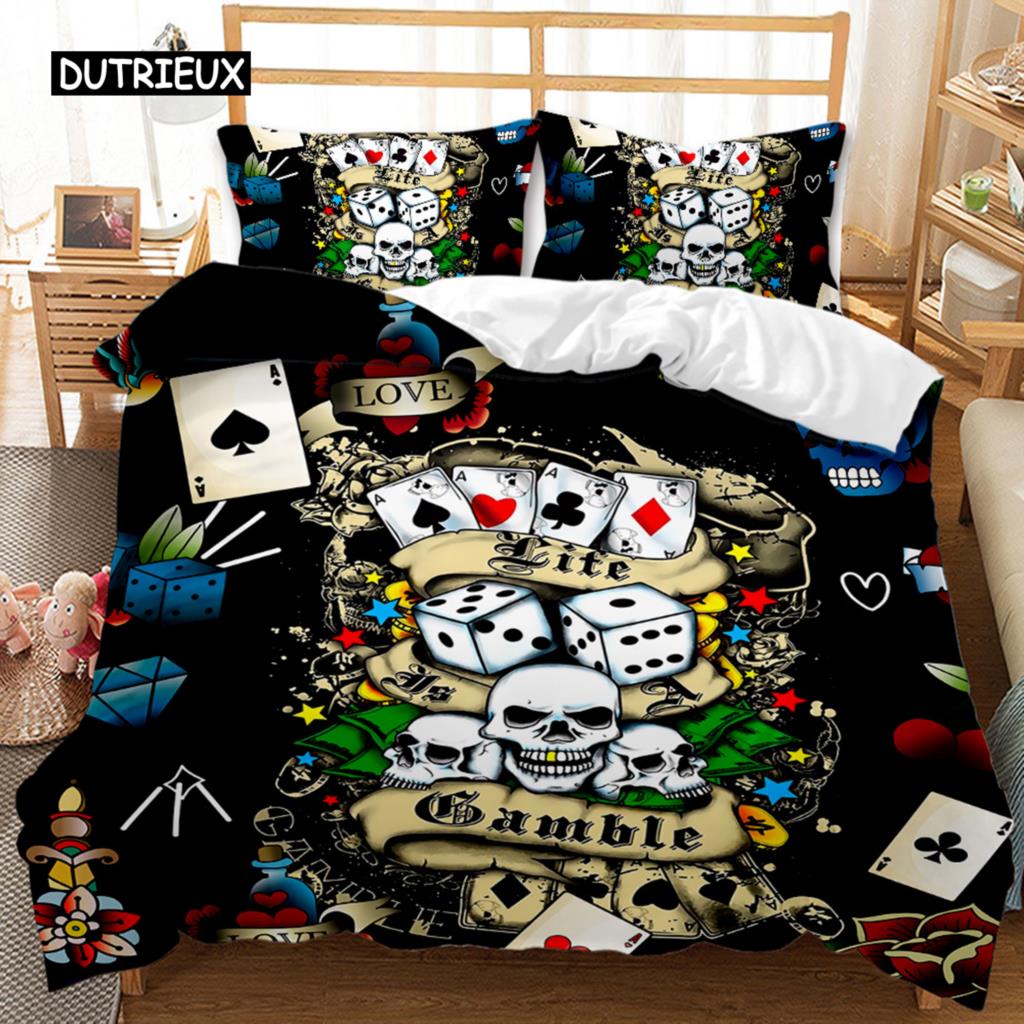 Skull Duvet Cover Set Rose Floral Twin Bedding Set Printed Valentine's Day Halloween Skull Gothic Skeleton Polyester Qulit Cover