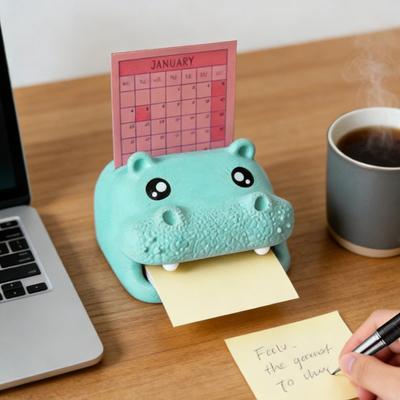 3D Printed Hippo Holder with Stencils Hippopotamus Shape Sticky Note Organizer with Pen Slot