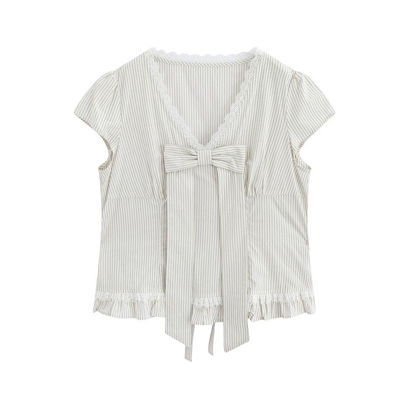 

Julu Studio Kapok Chubby Korean Series V-neck Stripe Bow Short sleeve Shirts Plus size Top White Top M