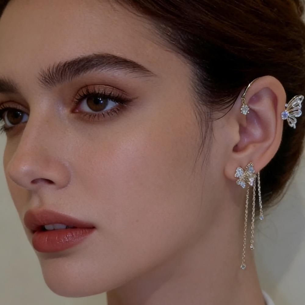 Women's Korean Style Gold Color Butterfly Ear Cuff, Shiny Zircon Tassel Clip on Earrings, Copper Non-Piercing Fashion Jewelry