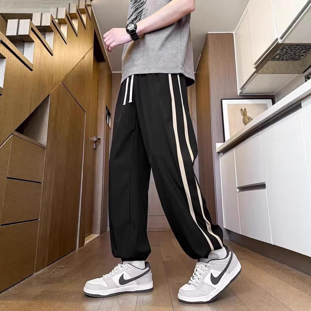 Quick-drying striped tied feet casual nine-point pants men's summer ice silk men's casual pants loose sweatpants