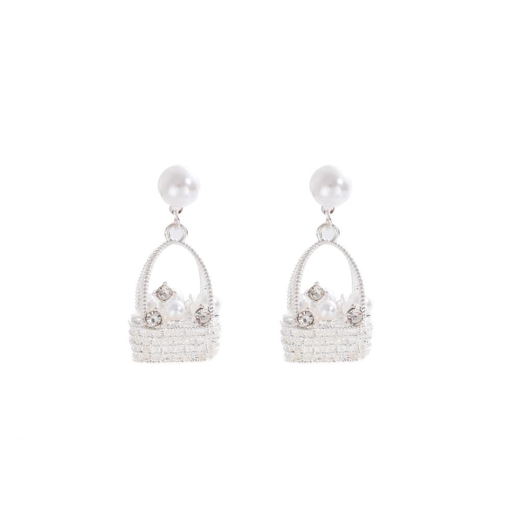 French Retro Three-Dimensional Woven Basket With Diamonds, Pearl Earrings, Light Luxury, High-End Niche Design Earrings.