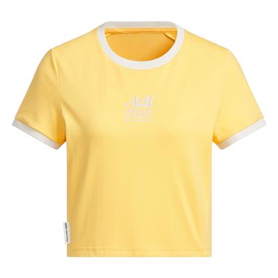 Small Logo Print Spliced Sports Casual Short Sleeve Tee Women Tops Apricot-Yellow JI6879