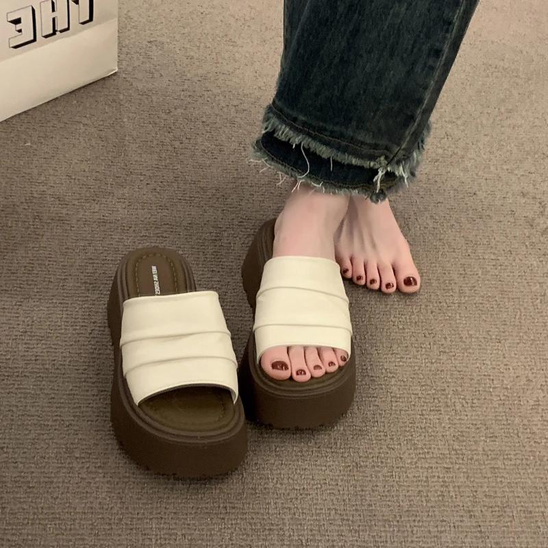 Fashion 2025Summer Women Platform Thick Bottom Slippers Open Toe Slide Ladies Casual Beach Vacation Sandalias