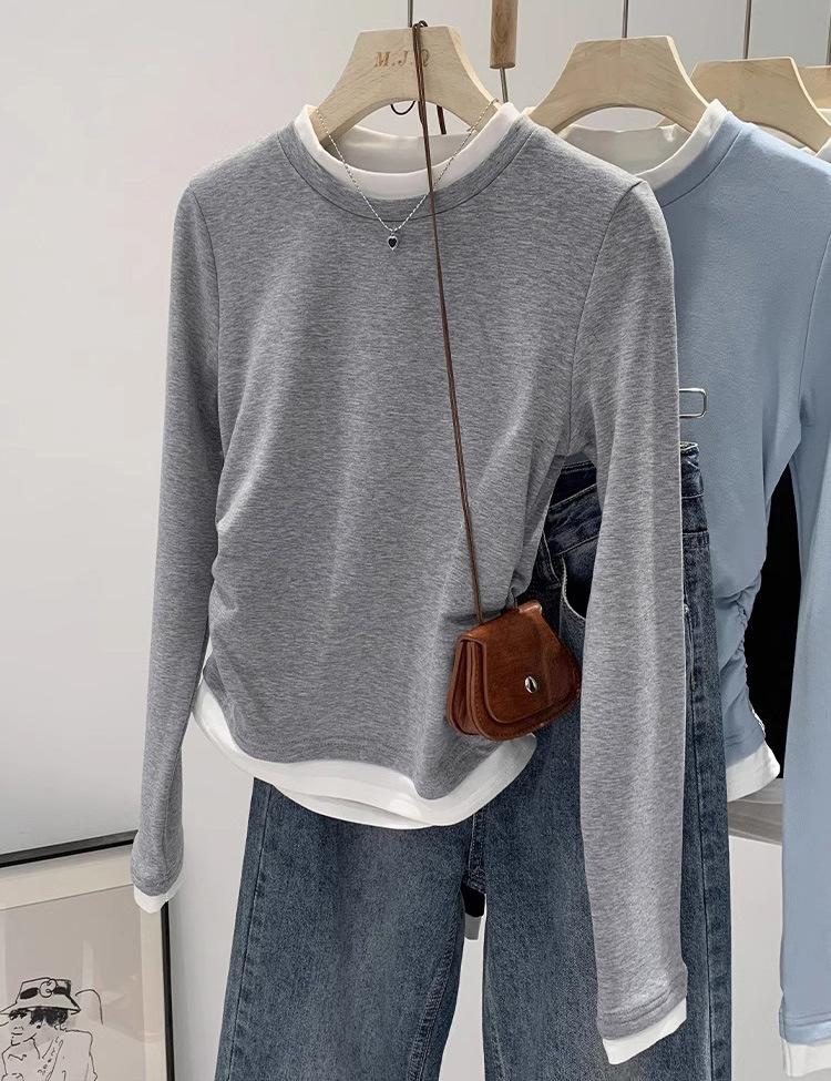 Spring New Round Neck Contrasting Fake Two Pieces Pleated and Thin Irregular Long Sleeves Women's Small People Are Trendy and Cool