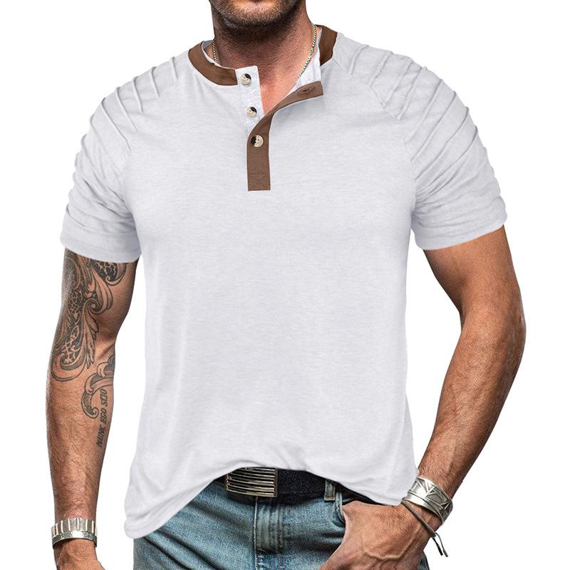 Letni męski T-shirt Henley w bloki kolorów Modny męski T-shirt z krótkim rękawem Top