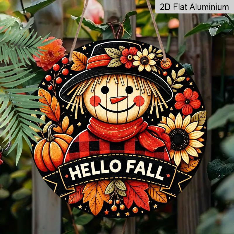 2D Flat Aluminum Decorative Plaques and Ornaments, Featuring Autumn-themed Plaid Scarecrow, Pumpkin, and Sunflower Floral Patterns for Wall