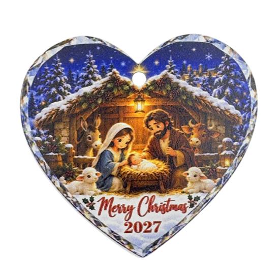 Heart Shaped Nativity Pendants Wooden Hanging Ornament for Christmas Tree Decorations, Retro Religious Vintage Style Holiday Tags Scene Garland