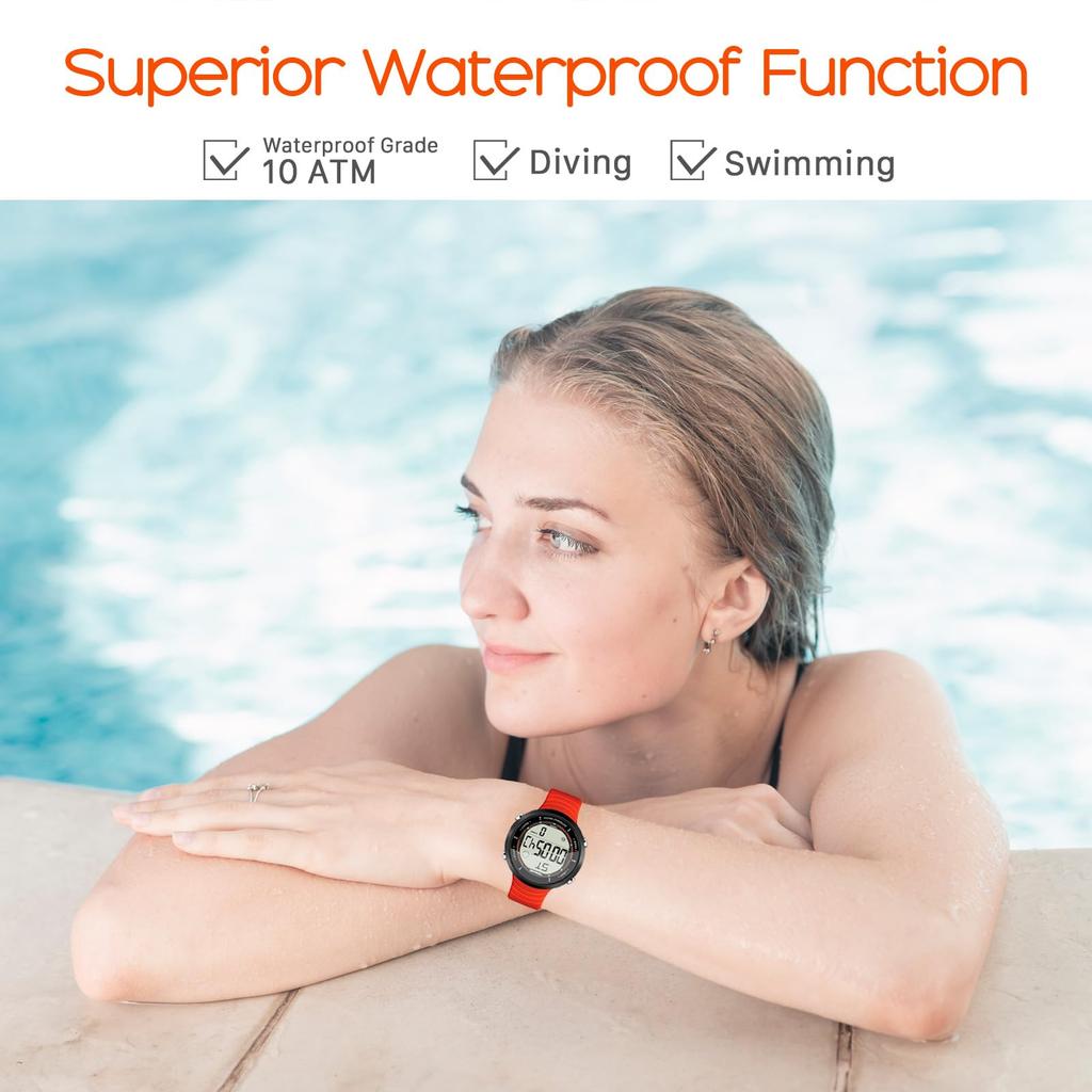 Ceas sport multifuncțional pentru femei, rezistent la apă 100m, perfect pentru înot, scufundări și surf, cu alarmă, calendar, cronometru, oră duală,