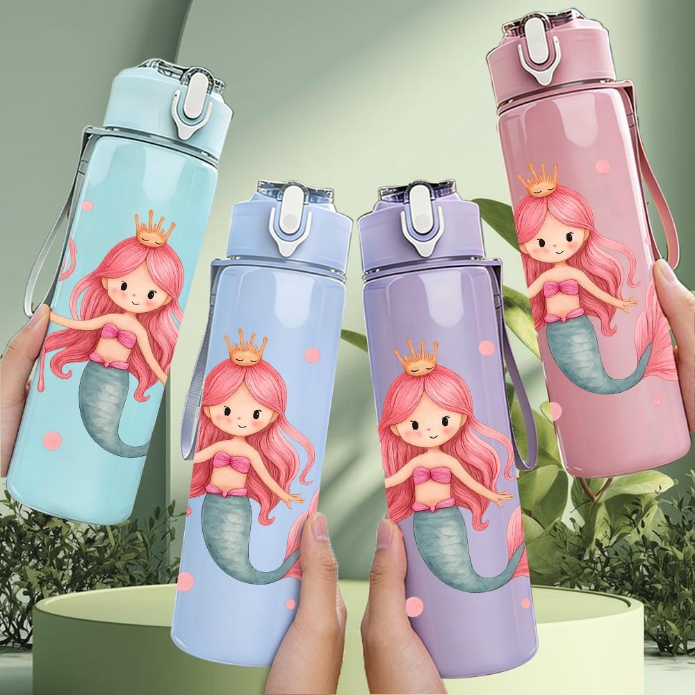 1 Stück Rosa Meerjungfrauenprinzessin Cartoon 750ml Farbe Kunststoff Sportwasserflasche Auslaufsicher Klappdeckel mit Strohhalm Geeignet für Sport Büro Heimgebrauch