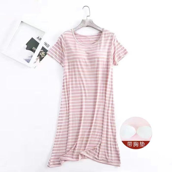 

Pajamas with chest pads Women s summer short-sleeved pajamas skirts Striped outer wear Home skirts Casual home medium and long summer round neck M розовый