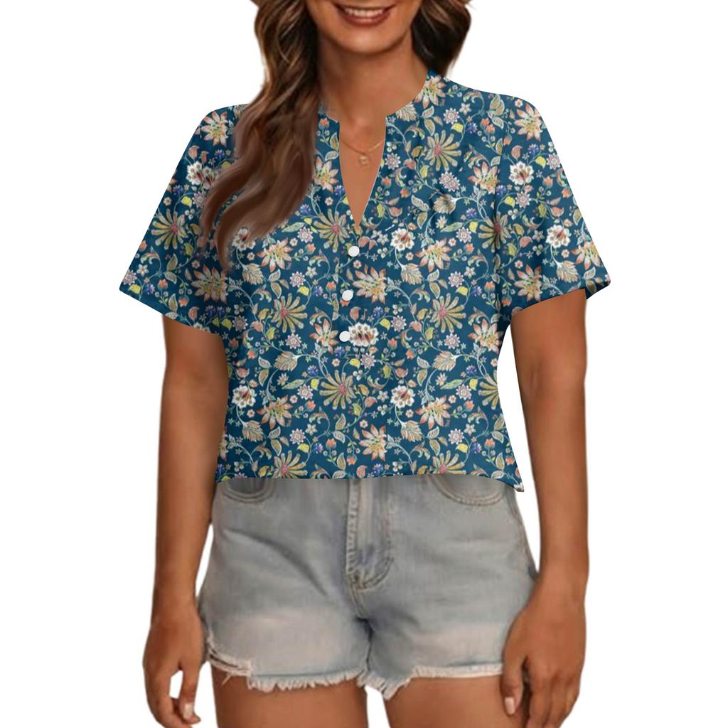 Modisches, lässiges Damen-Top mit V-Ausschnitt, Knopfleiste, Oversize-Schnitt, kurzen Ärmeln und Print
