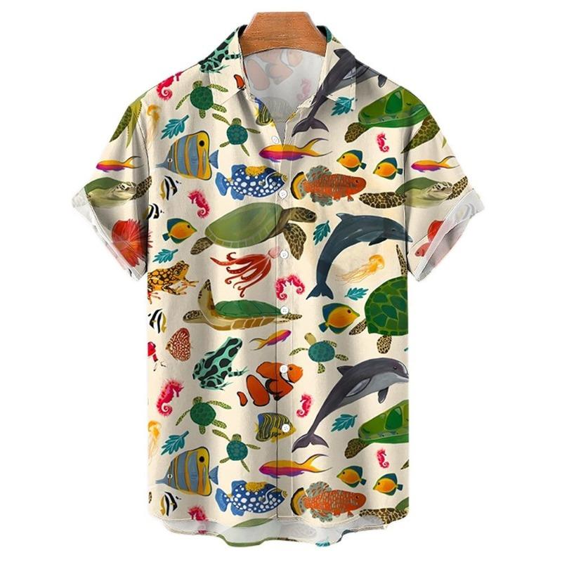 Camicie Hawaiane Divertenti Estive Abbigliamento Uomo Street Retro Uomo Casual Manica Corta Top Animali Marini a Mare Camicia da Uomo con Bavero