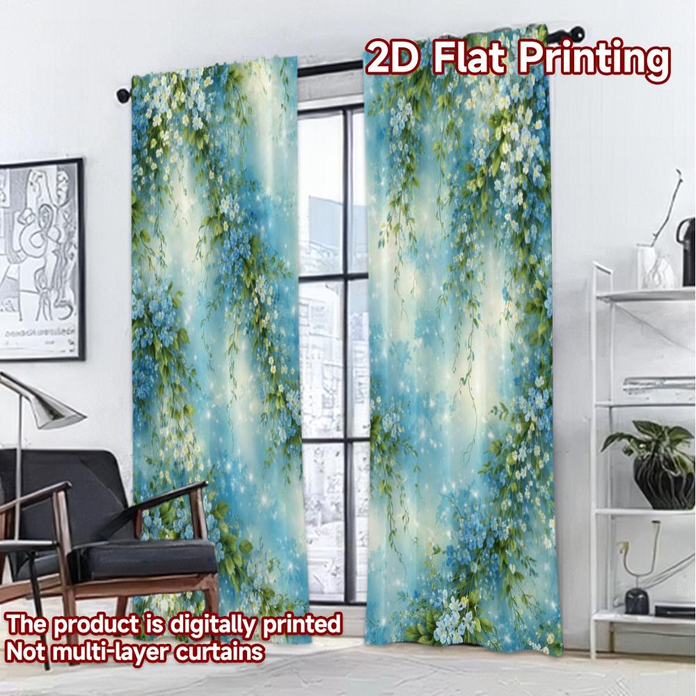 2D FLAT PRINTING 2pcs Curtains (Without Rod) Floral Blue Vines Chic Creative Curtains Polyester Curtains Room Decor Ldeal for