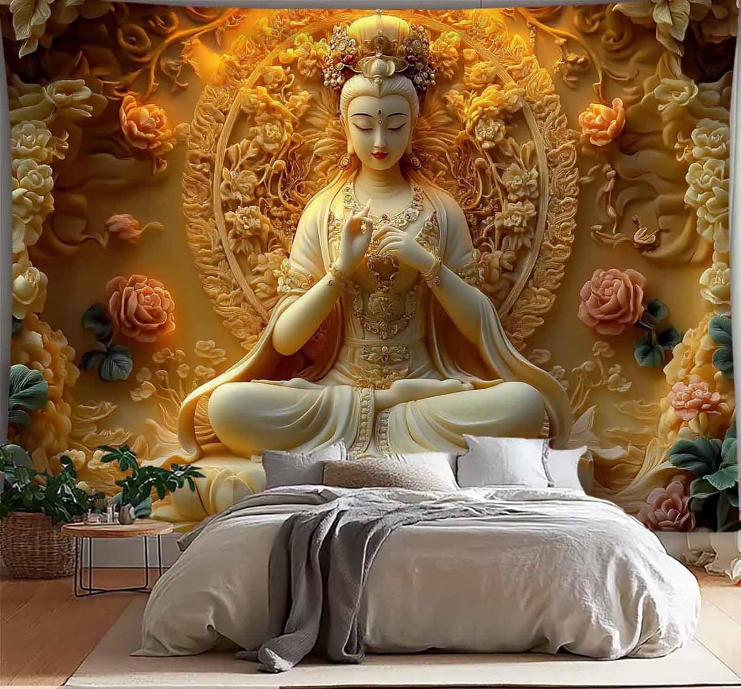 Textilien Unisex Golden Buddha Goddess Wall Tapestry With Floral Carving And Peaceful Design Art Decor For Zen Bedroom Meditation Space