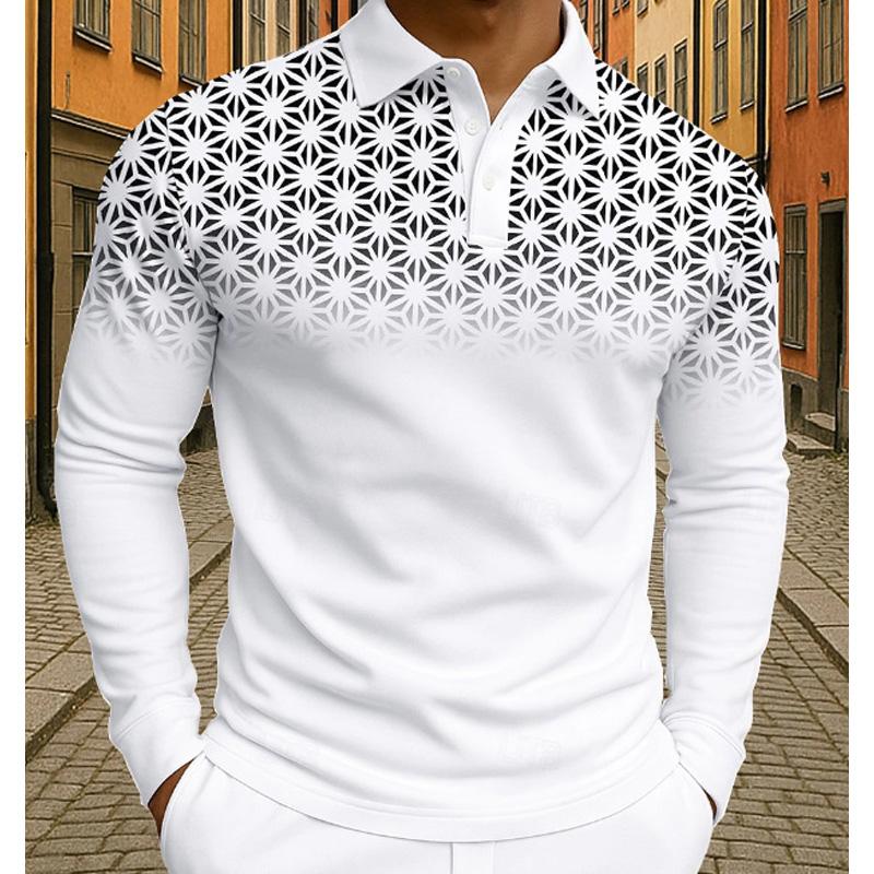Men s Gradient Geometric Print Long‑Sleeve Polo Shirt Lapel Button Casual Slim Fit Tops S