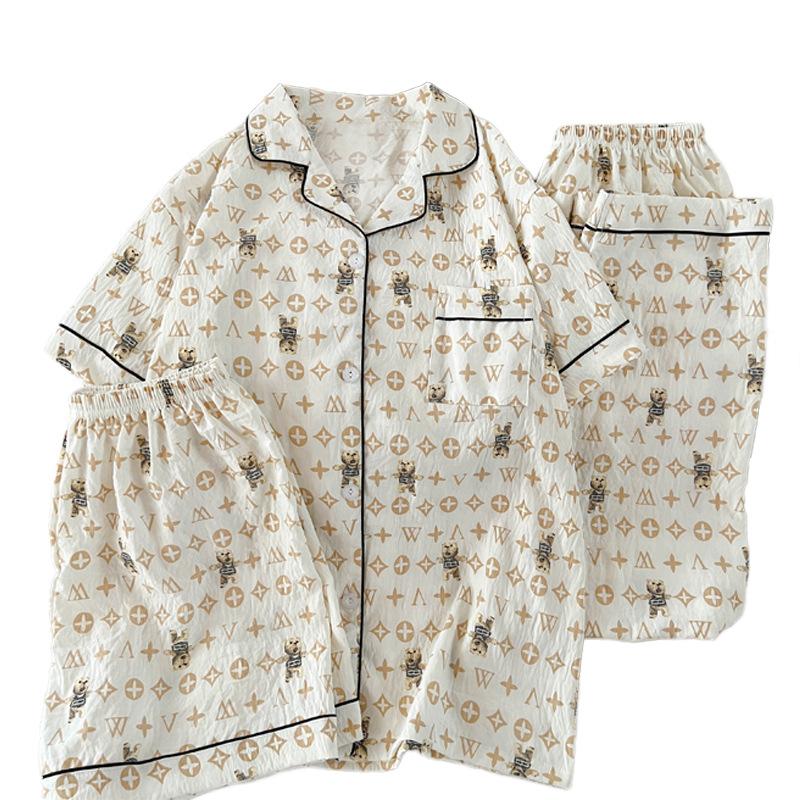 Light Luxury High-End Sense Summer Fashion Cloud Cotton Pajamas Women'S Short-Sleeved Casual Three-Piece Set Loungewear