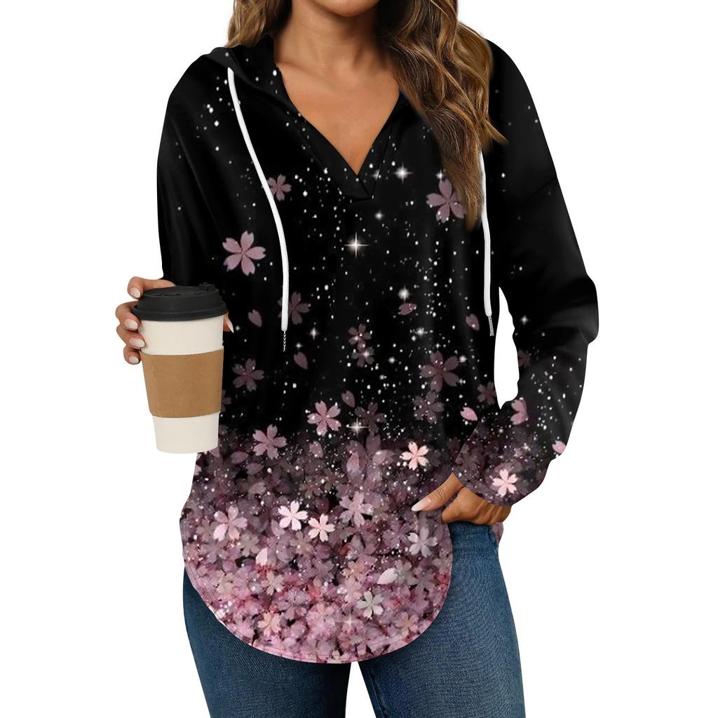 Damenmode Lässiges V-Ausschnitt Kordelzug Bedrucktes Langarm-Pullover-Oberteil