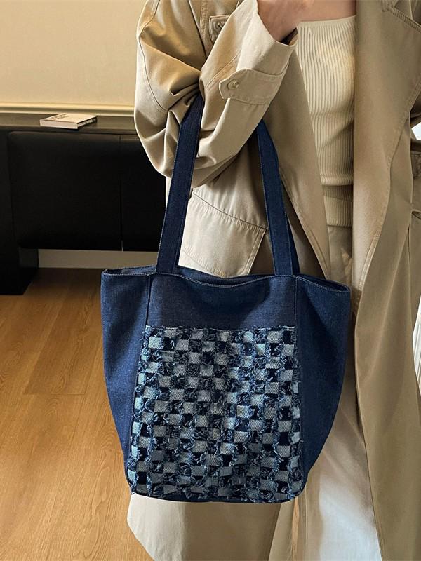 Winter 2025 Plaid Washed Denim Embroidered Handbag - Large Capacity Shoulder Bag