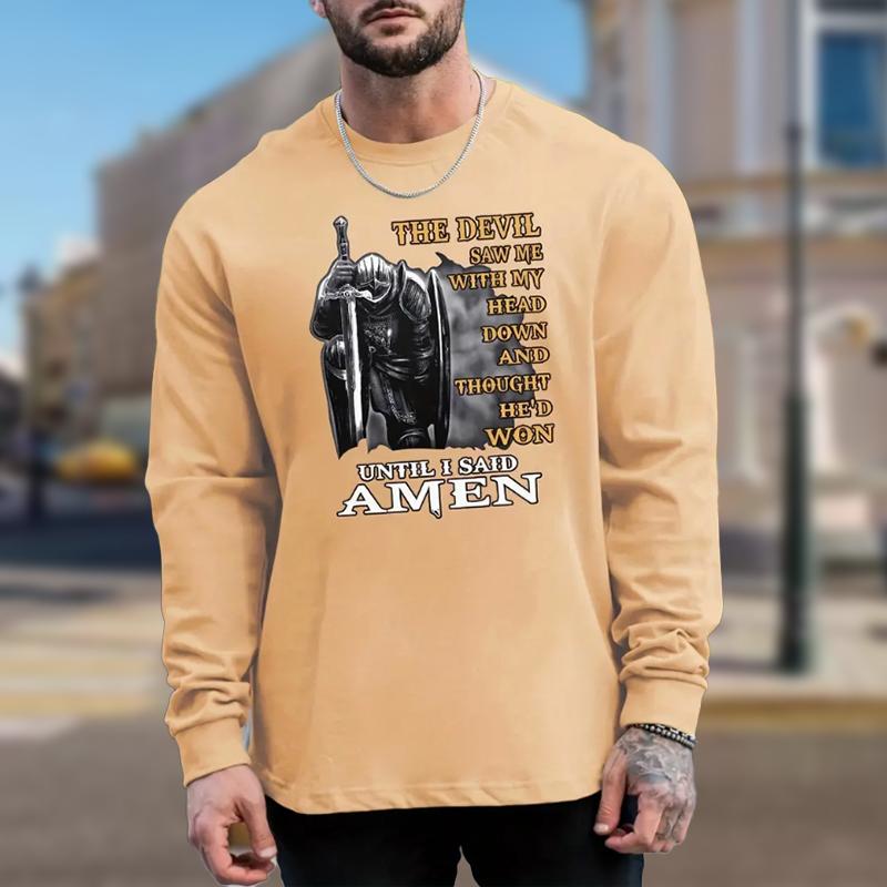 Armor Warrior Letter Print Men's Tshirts Long Sleeve Tees Round Neck Casual Pullover Men's Clothing Plus Size