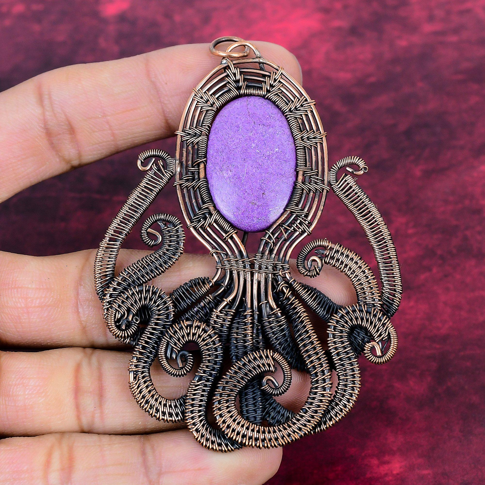 Purpurite Gemstone Pendant Copper Wire Wrapped Octopus Pendant Gifts For Women