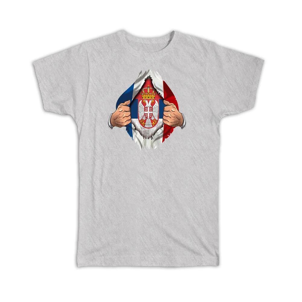 Gift T-Shirt : Serbia French Flag Chest Serbian L
