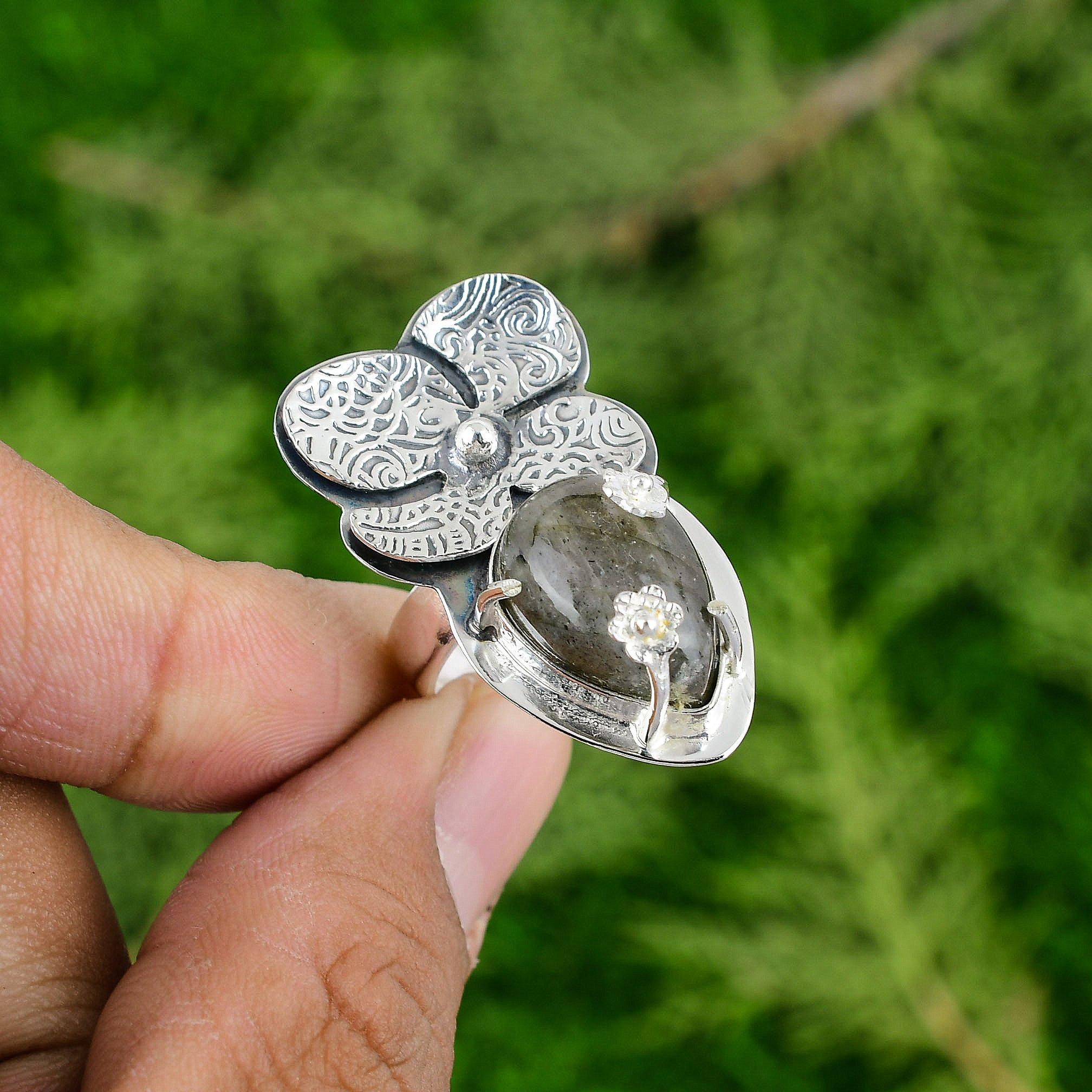 

925 Sterling Silver Pear Natural Labradorite Solitaire Flower Wife Ring Jewelry Adjustable