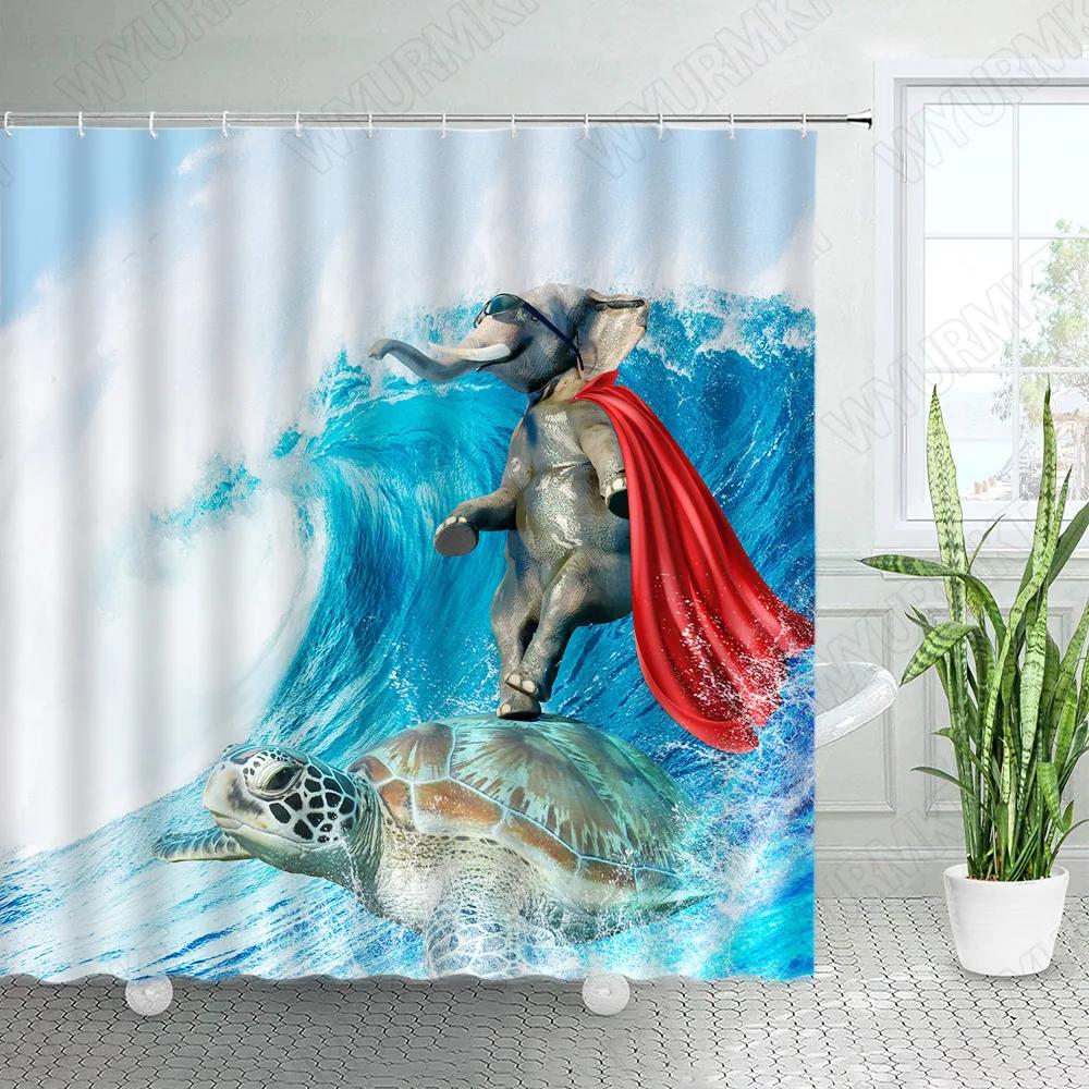 Kreative Tiere Duschvorhänge Badebär Meereswellen Haie Katze Dinosaurier Lustiges Design Stoff Badezimmer Dekor Duschvorhang Set