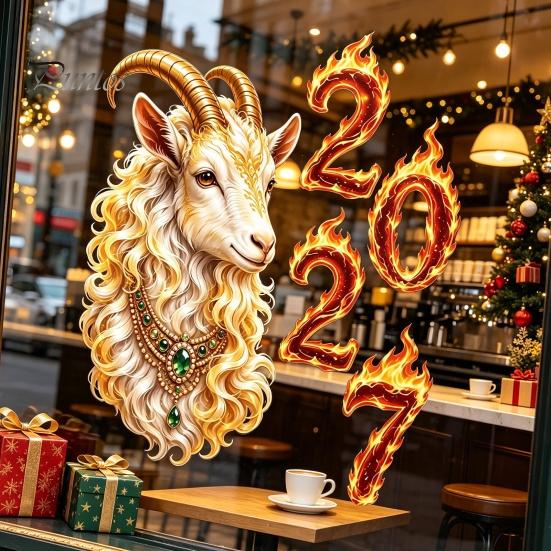 Auspicious 2027 Year of Sheep Decor Goat Window Cling, Golden?White Zodiac Static Glass New Decal Sticker, Lunar Spring Festival for Home