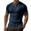 Men's Slim Fit Henley T-shirt: European & American Sports Style, Ribbed, Elastic, Short Sleeve, Solid Color