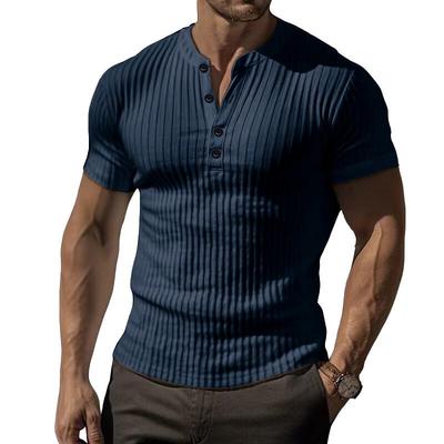 Herren Slim Fit Henley T-Shirt: Europäischer & Amerikanischer Sportstil, Gerippt, Elastisch, Kurzärmlig, Unifarben