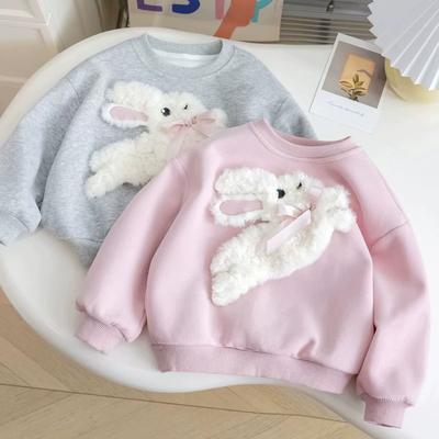 Girls Long Sleeved Sportswear 3-10 Years Old Children Cartoon 3D Plush Rabbit Autumn Little Girl Cute Round Neck Top