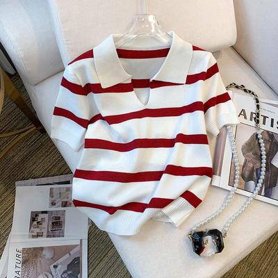 Women's Clothing Crop Top Striped Pattern Collared Sweater Versatile Short Sleeve Knitted Top For Spring & Summer
