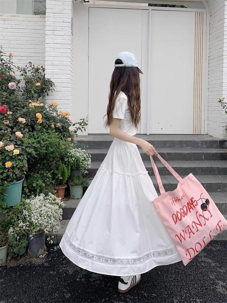 Жіноча літня біла спідниця А-силуету з ажурним мереживом - Висока талія, Повсякденна, Довгий розкльошений дизайн