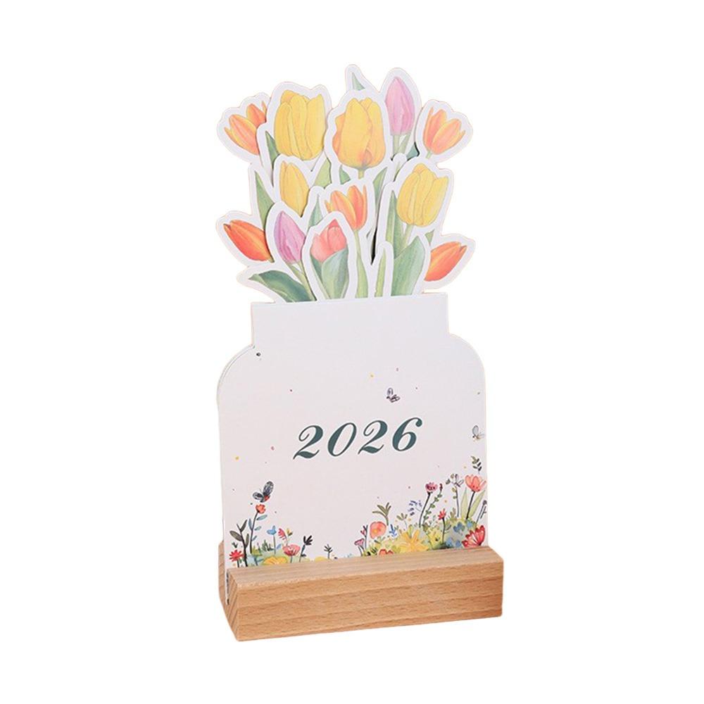 Wooden Base 2026 Desktop Calendar Detachable Base Vase Shaped Bloomy Flowers Desk Calendar DIY Floral Theme Standing Calendar