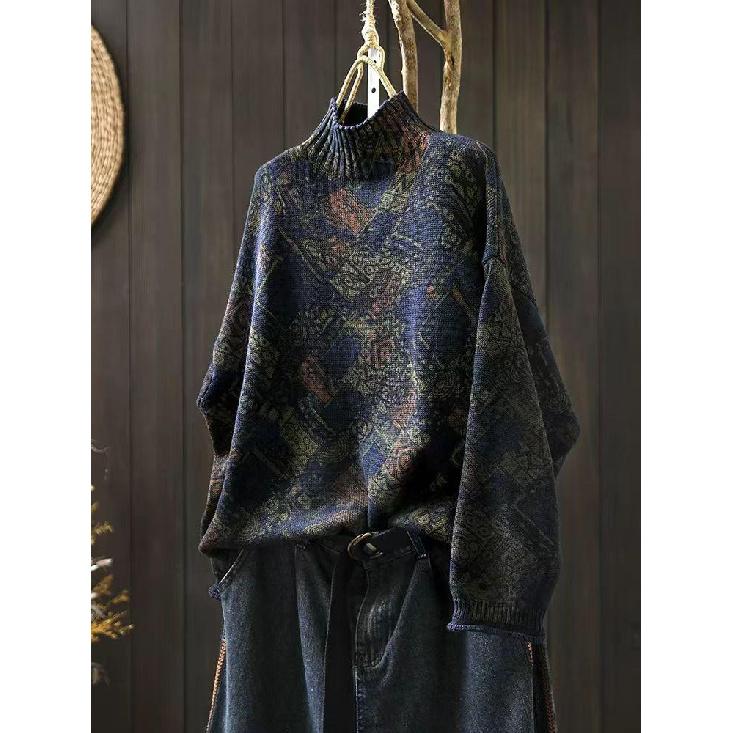 Johnature Niche Print Mock Neck Long Sleeves Vintage Sweater Woman Winter Loose Retro Personality Sweater