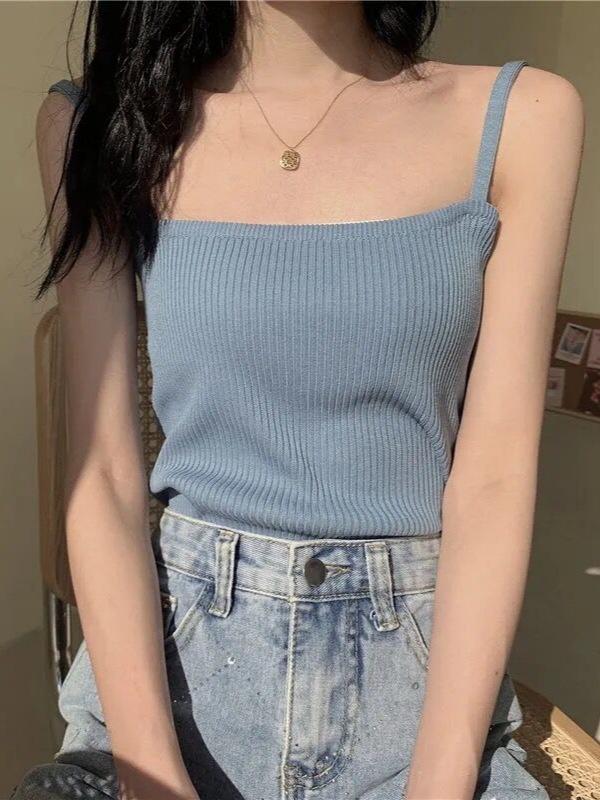 Hong Kong Style Women's Chic Sleeveless French Knit Camisole Top, Summer White Innerwear.