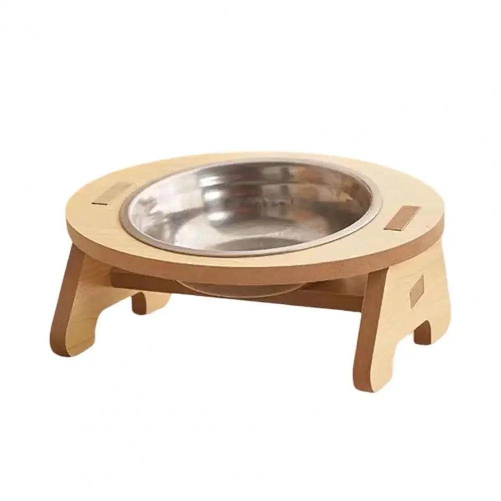 Raised Pet Bowl Inclined Steel Food Bowls Dog Water Feeding Food Container Cat Dish Wooden Stand Pet Supplies Single/Double