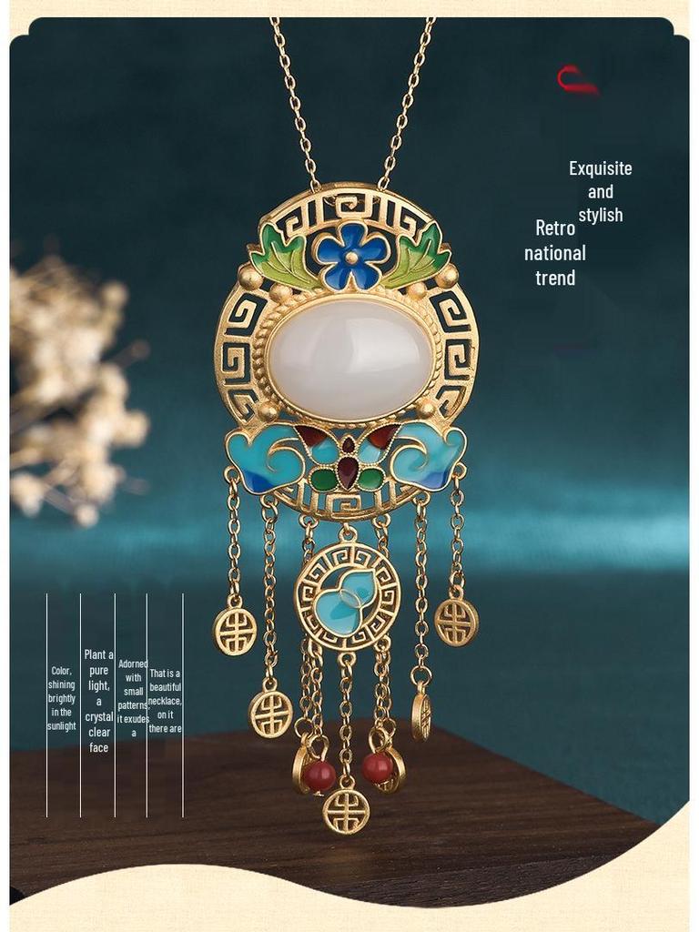Ancient Gold-Plated Enamel Hetian Jade Tassel Necklace for Women