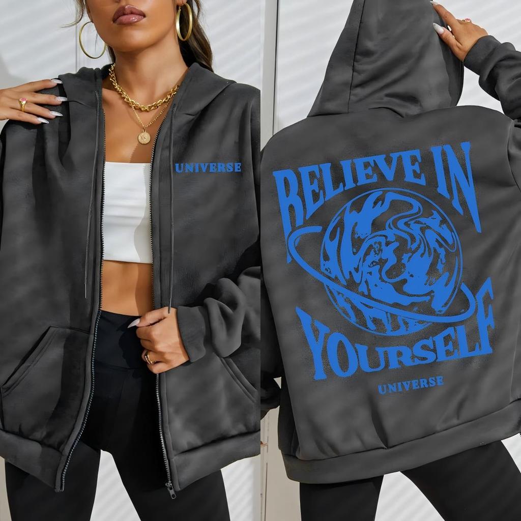Believe In Yourself Earth Prints Zipper Hoodies Women Soft Hoodie Autumn Loose Clothings Fleece Casual Streetwear
